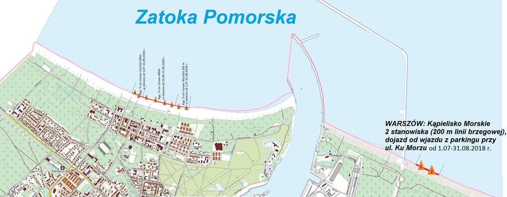 Mapa z lokalizacją Kąpielisk Morskich w sezonie 2018