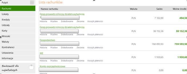 RACHUNKI Lista rachunków wyświetla listę rachunków dostępnych do obsługi przez Internet.