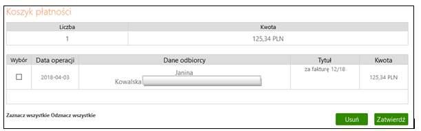 Lista operacji wyświetlona jest w układzie: wybór kolumna do zaznaczania operacji, data operacji, numer rachunku + dane adresowe odbiorcy, tytuł, kwota. Klikniecie na etykietę kolumny (np.