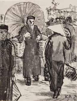 ALEKSANDER KOBZDEJ (1920-1972) Na ulicy - z cyklu "Rysunki z Wietnamu", 1954 r. tusz/papier, 9 x 7 cm sygnowany i datowany p.d. 'KA 54' na odwrociu opisany długopisem 'ilustr.