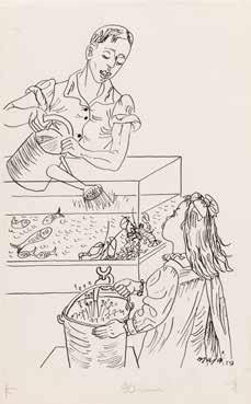 ' Przy akwarium - ilustracja do książki "Co to było za dziecko" Jana Żabińskiego, 1959 r. tusz/papier, 28 x 18 cm sygnowany i datowany p.d. 'maja 59' u dołu ołówkiem notatka edytorska, na odwrociu opisany ołówkiem ubytek papieru l.