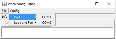 Otevře se okno konfiguračního programu WACO configuration (viz obrázek 8), kde v menu Config/Port vybereme název sériového portu, který operační systém přidělil převodníku (viz obrázek 7).