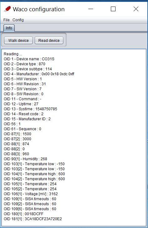 Obr. 9: Výpis proměnných v pracovním okně programu WACO OptoConf Obr. 10: Příklad zobrazení konfigurační tabulky zařízení v okně WACO OptoConf netem na prodlužovacím USB-kabelu.