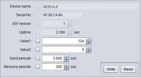 Kliknutím na tlačítko Read Device si otevřeme konfigurační tabulku modulu, kde se v jednotlivých polích zobrazují aktuální hodnoty konfiguračních parametrů.