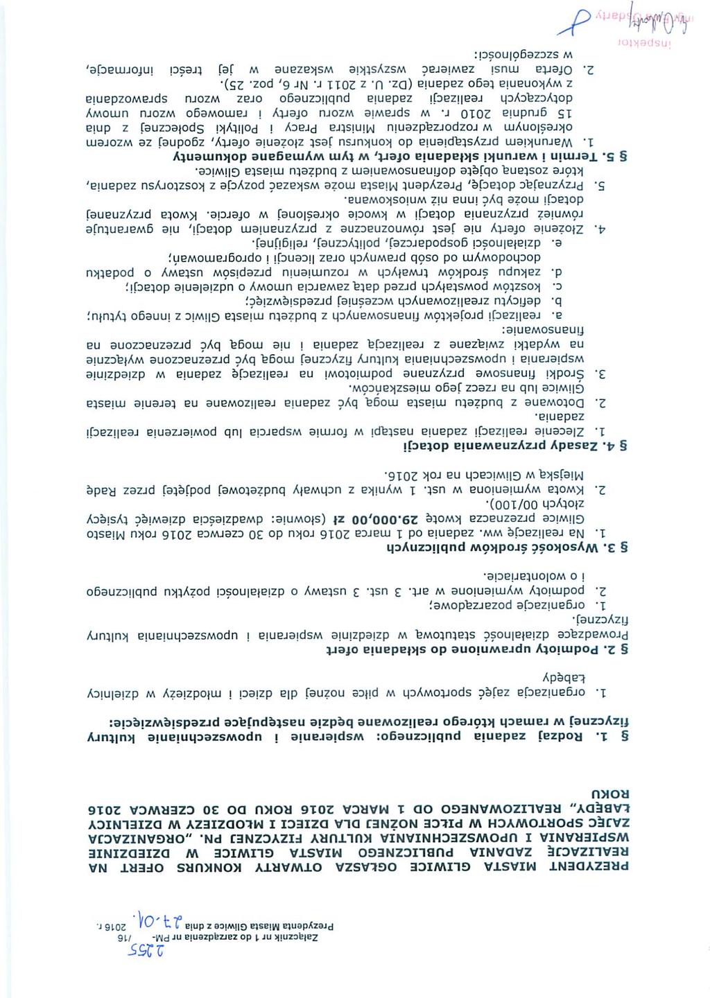 11 255 Załącznik nr 1 do zarządzenia nr PM- M6 Prezydenta Miasta Gliwice z dnia D1 -ą 2016 r.