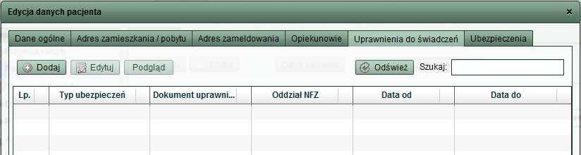 Rys. 15 Aby dodać uprawnienie do świadczeń należy wywołać okno dodawania przyciskiem Dodaj.