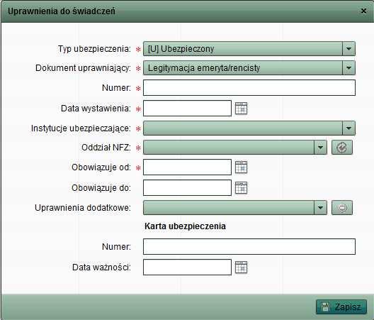 Dla ubezpieczonego i dokumentu uprawniającego legitymacja emeryta/rencisty okno dodawania wygląda