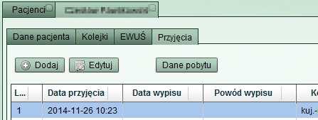 Rys. 42 W przypadku pomyłki w danych przyjęcia możliwe jest wprowadzenie poprawek w takim przyjęciu poprzez zaznaczenie go, a następnie kliknięcie przycisku Edytuj.