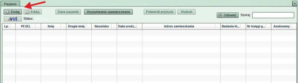 Rys. 7 Kliknięcie ww. pozycji menu spowoduje wyświetlenie widoku z pacjentami już zarejestrowanymi w systemie w komórkach dla których zalogowany użytkownik jest personelem prowadzącym: Rys.