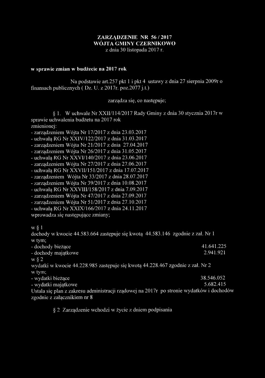 W uchwale Nr XXII/114/2017 Rady Gminy z dnia 30 stycznia 2017r w sprawie uchwalenia budżetu na 2017 rok zmienionej: - zarządzeniem Wójta Nr 17/2017 z dnia 23.03.