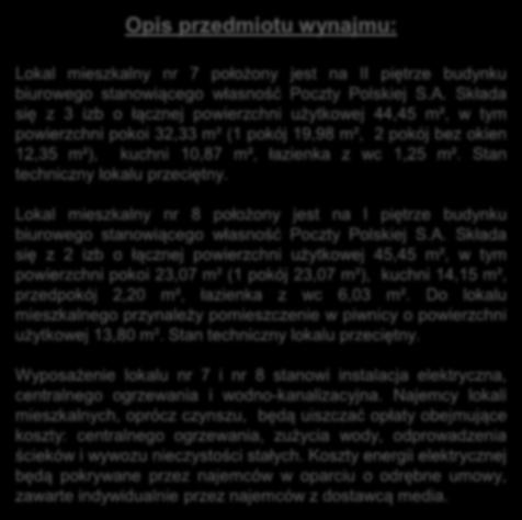 Składa się z 3 izb o łącznej powierzchni użytkowej 44,45 m², w tym powierzchni pokoi 32,33 m² (1 pokój 19,98 m², 2 pokój bez okien 12,35 m²), kuchni