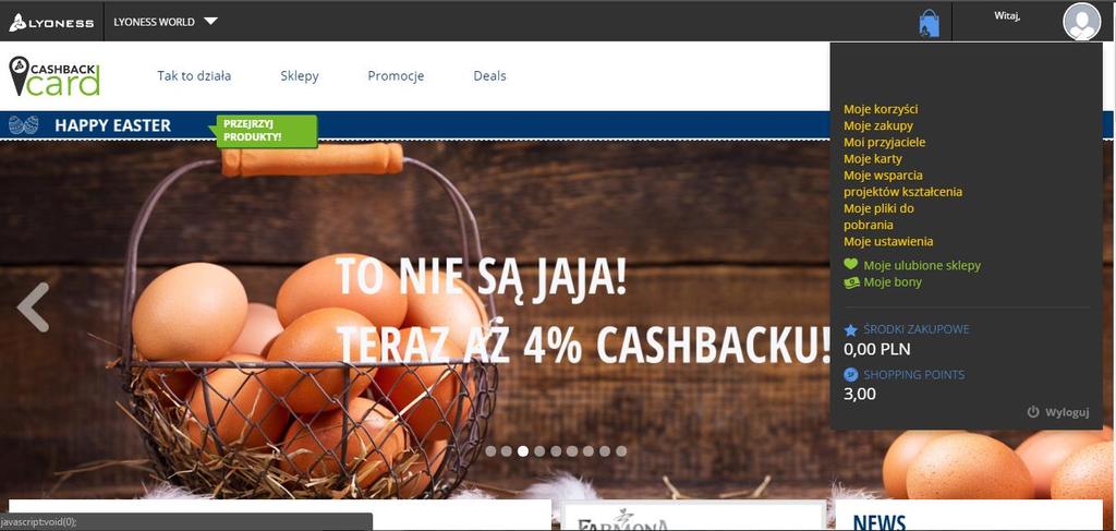 Ze strony internetowej jest ponadto możliwe wydrukowie papierowej kopii karty Cashback. Należy w tym celu wybrać swój profil u góry po prawej i wybrać menu MOJE KARTY.