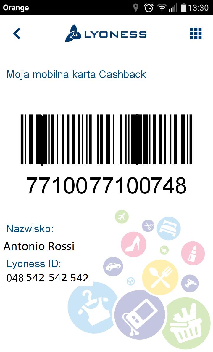 Z menu MOBILNA KARTA CASHBACK przechodzi się do ekranu z kodem