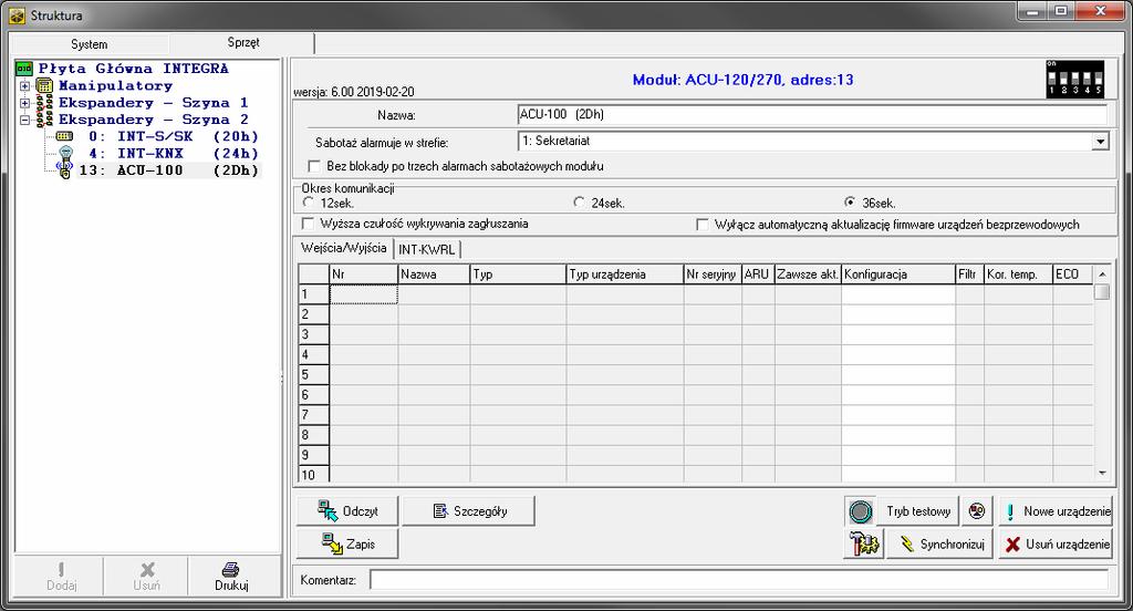 SATEL ACU-220 33 W przypadku centrali VERSA / VERSA Plus / VERSA IP: program DLOADX: okno VERSA Struktura zakładka Sprzęt gałąź Ekspandery [nazwa kontrolera].