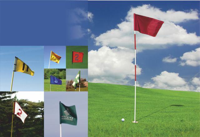 Flagi golfowe produkujemy z dedykowanych, mocnych dzianin i tkanin flagowych we wskazanym w specyfikacji formacie i sposobie przeszycia z plastikową tubą na maszt lub metalowymi oczkami.