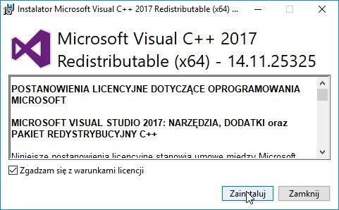 Jeżeli pojawi się okno z warunkami licencyjnymi, to trzeba zainstalować.