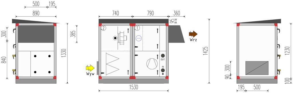 Rysunek z wymiarami 1 060-2 1010 m³/h Razem dla centrali Szerokość Wysokość Długość Waga 890 mm 1425 mm 1534 mm 337 kg 2) 123 kg 1) 155 kg Uwaga: Należy uwzględnić przestrzeń potrzebną do otwarcia