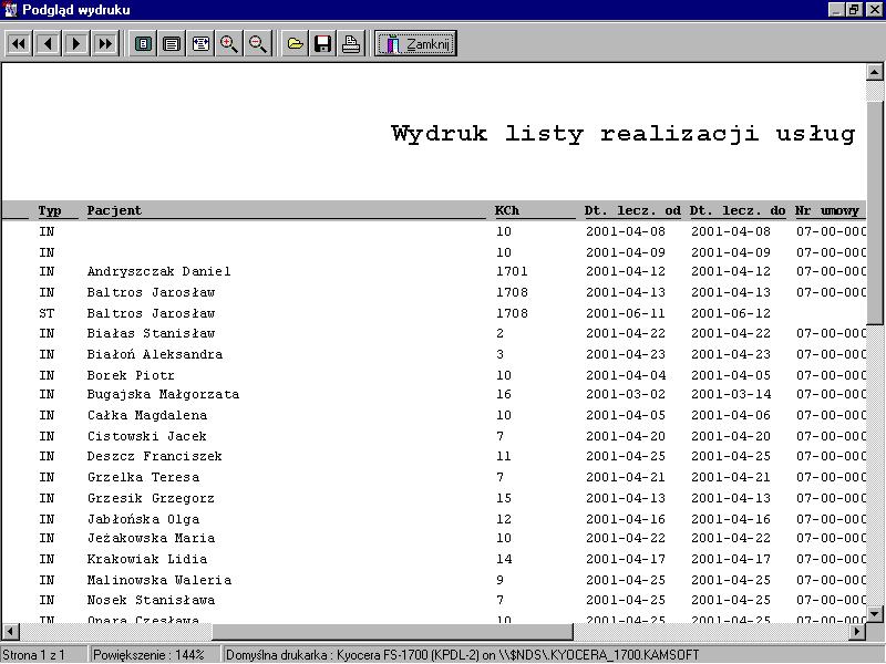 ZAKŁAD INFORMATYZACJI NFZ WYDZIAŁ SYSTEMÓW SŁUŻBY ZDROWIA P.I. KAMSOFT DRUKOWANIE LISTY WYKONANYCH USŁUG Aby wydrukować listę wykonanych usług należy użyć przycisku.