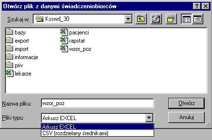 ZAKŁAD INFORMATYZACJI NFZ WYDZIAŁ SYSTEMÓW SŁUŻBY ZDROWIA P.I. KAMSOFT Rysunek 293 Wskazywanie pliku do importu Użytkownik może wskazać zarówno plik w formacie xls jak i csv.