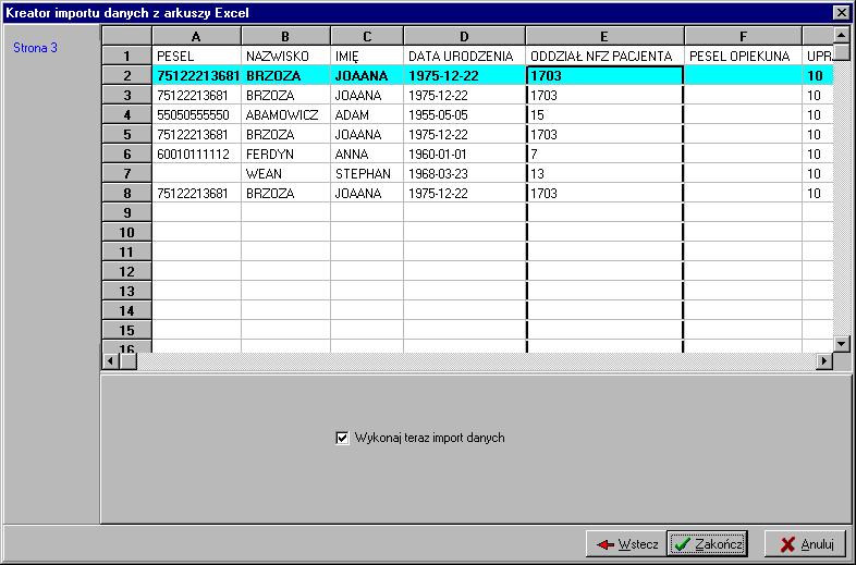 Rysunek 295 Kreator importu danych z arkuszy Excel W przypadku gdy użytkownik chce stosować własny układ arkusza, wówczas może na tym etapie dokonać konfiguracji kreatora importu danych.