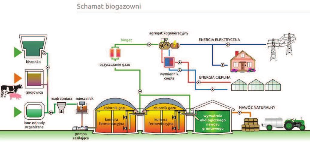Rysunek 41: Schemat biogazowni (źródło: http://www.astech.biz.pl/biogazownie-rolnicze/) Biogazownie rolnicze pozwalają na wytworzenie energii elektrycznej i cieplnej dla gospodarstw rolniczych.
