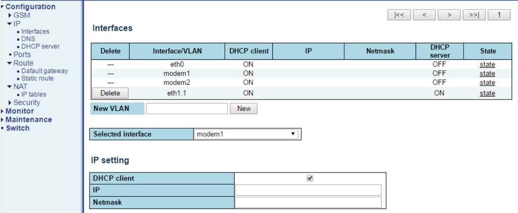 Ustawienie IP, modem1 i modem2 włączony 'DHCP client' : Ustawienia