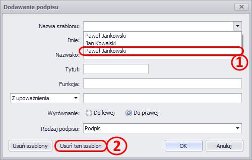 Dodano opcję, umożliwiającą usunięcie wybranego szablonu podpisu: W