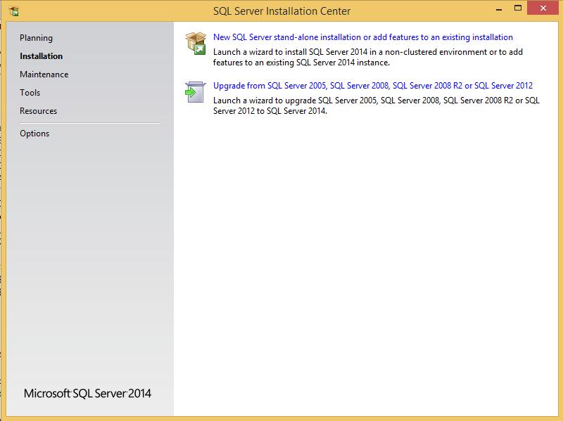 Instalacja Microsoft SQL Server 04 Express Po uruchomieniu instalatora pokaże się okno SQL Server Installation Center: Z zakładki Installation należy wybrać opcję: