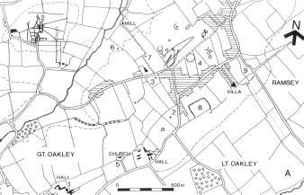 Ryc. 1. Little i Great Oakley, Essex (Wielka Brytania). Rozmieszczenie zabytków archeologicznych w krajobrazie (Barford 2002: fig. 2z). brazu, w którym dorasta em.