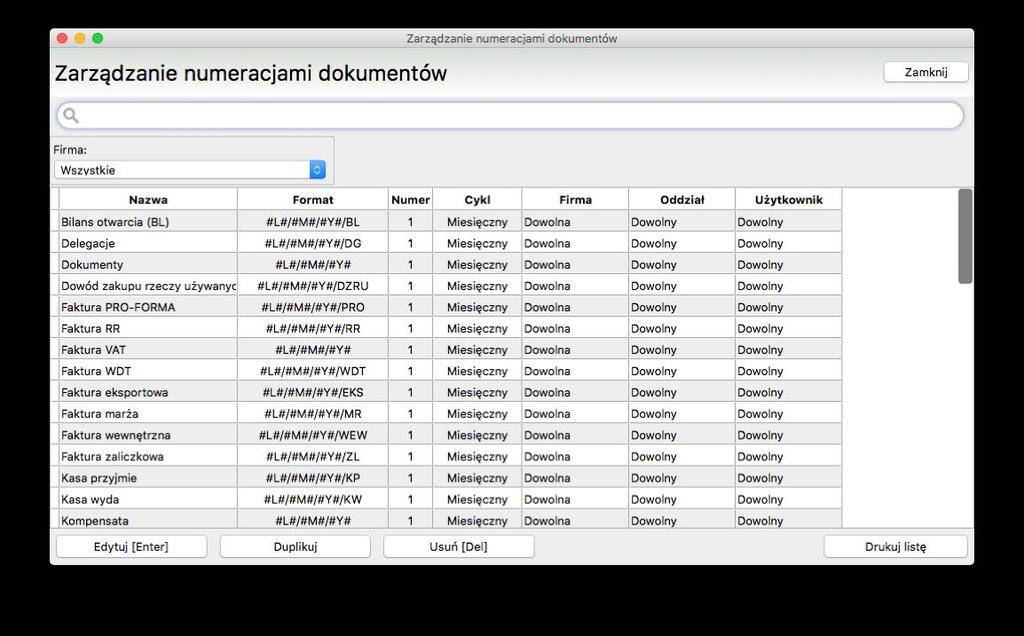 Pokazuje się w nim lista wszystkich numeracji zdefiniowanych w programie. Każdej z nich przypisany jest format, cykl (określający moment zerowania) oraz najbliższy numer.