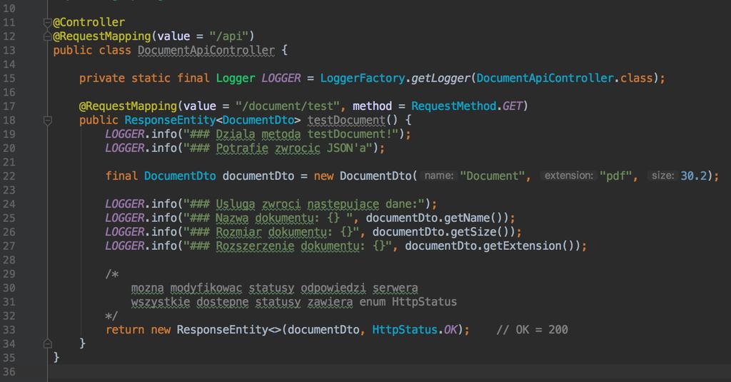 W jaki sposób usługa zwraca JSONa? Proszę zmodyfikować metodę testdocument(), aby mogła zwracać JSONa.