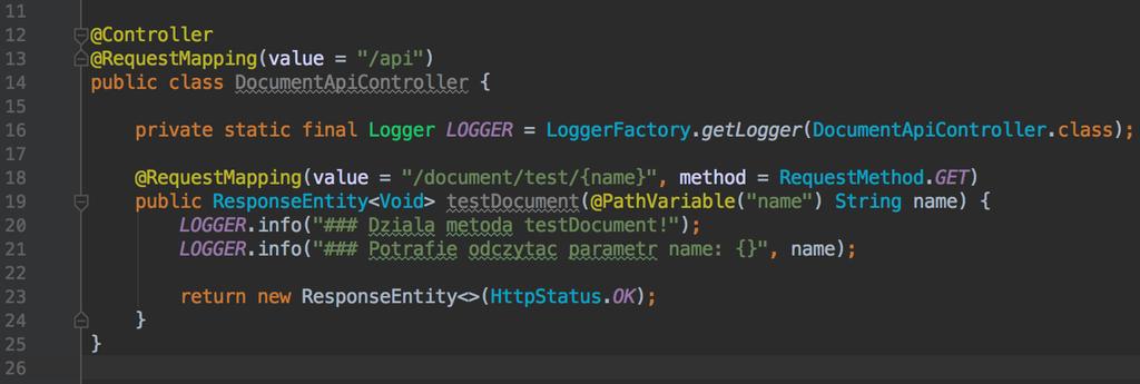 Adnotacja @PathVariable: Proszę dokonać modyfikacji kodu metody testdocument(), tak jak zostało to przedstawiona na poniższym screenie.