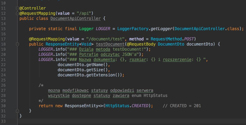 Następnie proszę zmodyfikować metodę testdocument() aby mogła przyjmować JSONa. Sytuacja została przedstawiona na poniższym screenie.