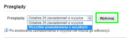 Aby przejść do przeglądu wysyłek należy skorzystać ze ścieżki Wysyłki -> Zawiadomienia O wysyłce -> Przegląd/anulowanie wcześniejszych zawiadomień o wysyłce i fakturowaniu Domyślnie wyświetlona