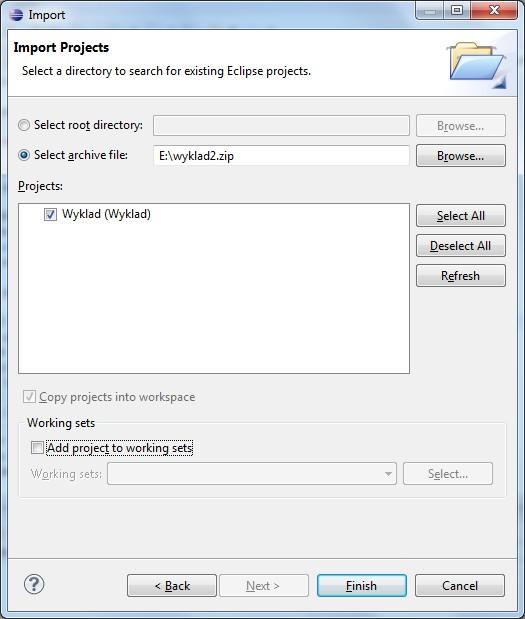 Importowanie projektu do Eclipse: File -> Import -> General Existing Projects into Workspace >