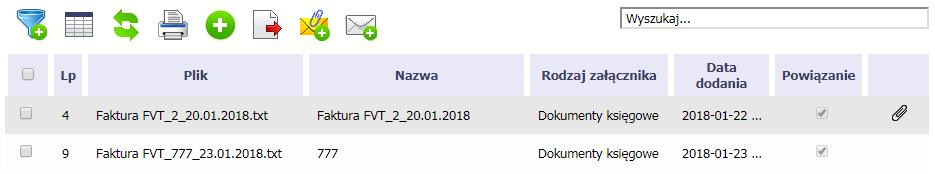 Ponadto, system wyróżnia poprzez symbol spinacza Dokumentacja., które pliki stanowiły integralną część danego dokumentu a które z nich powiązano poprzez moduł Przykład: Plik Faktura FVT_2_20.01.2018.