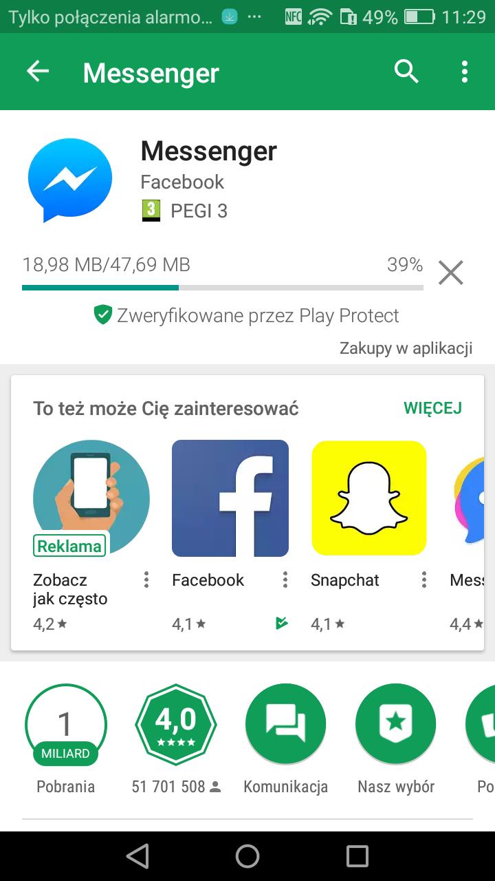 Messenger - Instalacja Najpierw aplikacja zostanie pobrana o czym informuje pasek postępu Następnie rozpocznie się instalacja aplikacji o