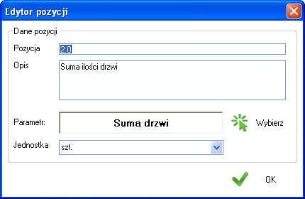 6.1. Edytor pozycji Pozycja oraz opis wyświetlane są w pozycji raportu wraz z jednostką. Jednostka jest dostępna tylko przy wyborze parametru głównego lub zależnego.