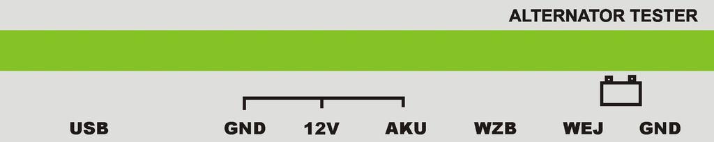 Podłączenie : ALTERNATOR wzbudzenie USB = gniazdo połączenia z komputerem GND = masa MINUS 12V (lub minus 24V) 12V = podłączenie alternatora 12V lub 24V AKU = podłączenie PLUS 12V,lub 24V akumulatora