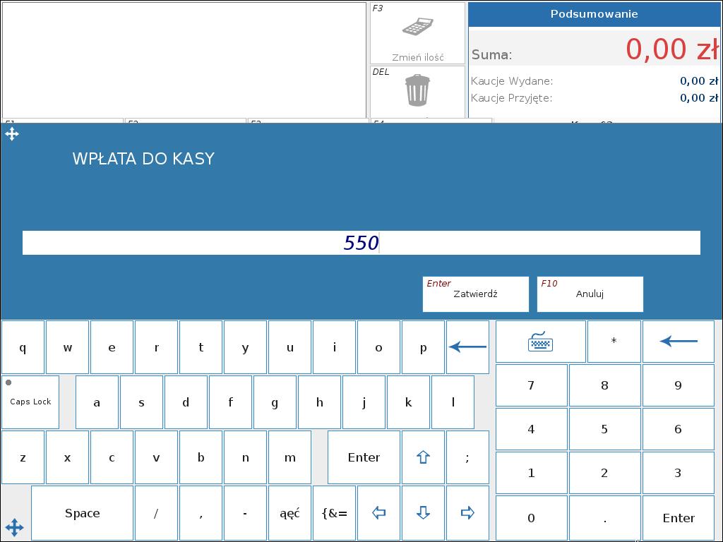 Opis funkcji menu Rysunek 4.4. Wpłata do kasy. 4.2. Wypłata Wypłata z Kasy. Analogicznie do wpłaty tutaj podajemy wartość jaką chcemy wypłacić z kasy.