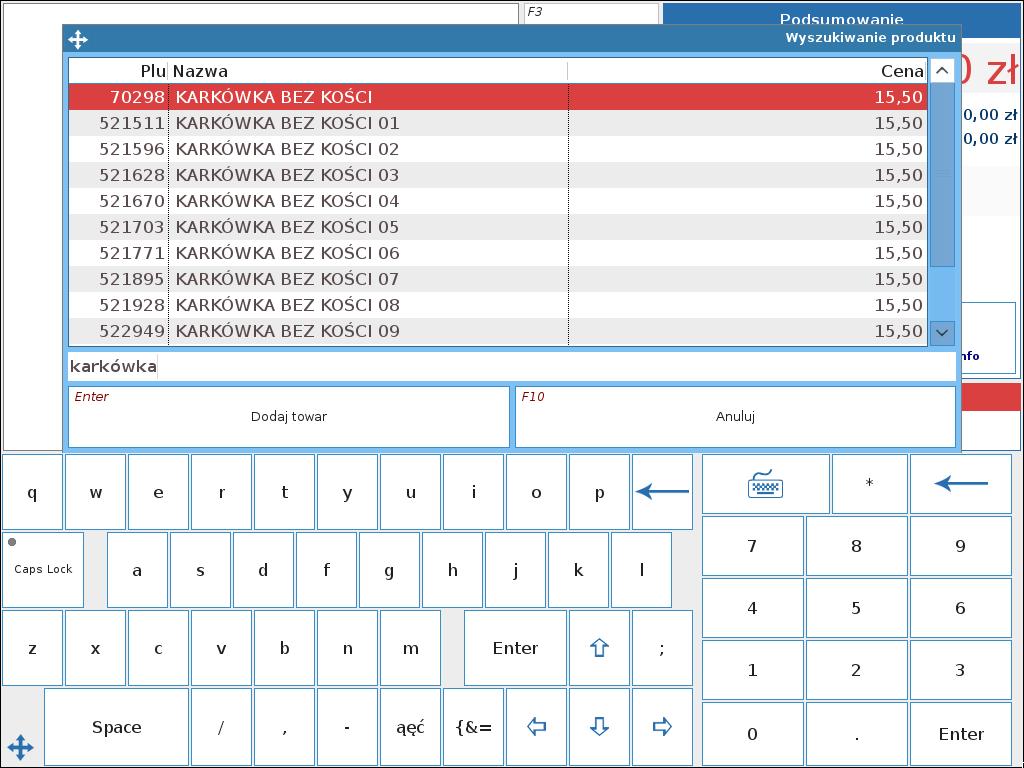 Obsługa stanowiska kasjerskiego 3.2. Podanie nazwy towaru Jeżeli konfiguracja na to pozwala, możemy wpisać nazwę szukanego towaru.