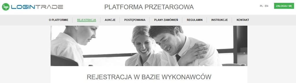 Rejestracja w bazie wykonawców 1) W celu rejestracji w bazie wykonawców należy wejść na stronę platformy zakupowej.