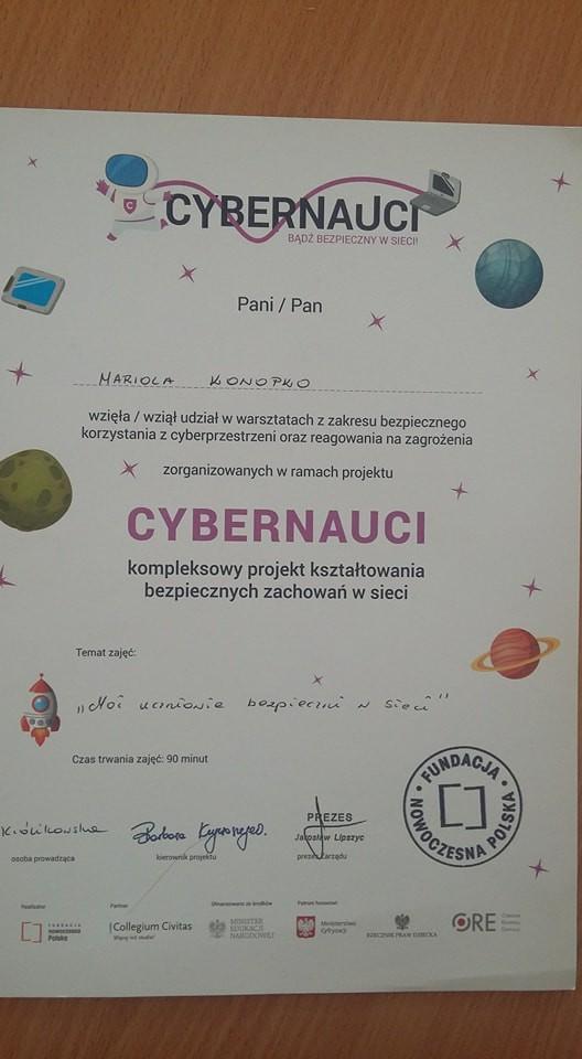 Dyplom udziału w warsztatach w ramach projektu Cybernauci