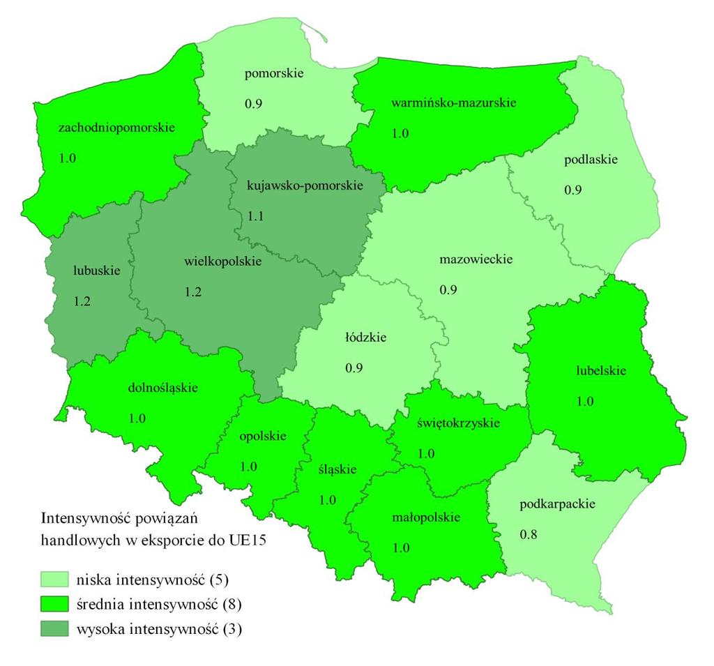 7.2. Stare Kraje Unii Europejskiej UE15 W wymianie z krajami tzw. Starej Unii intensywność powiazań jest stosunkowo podobna jak przy handlu w ramach UE28.