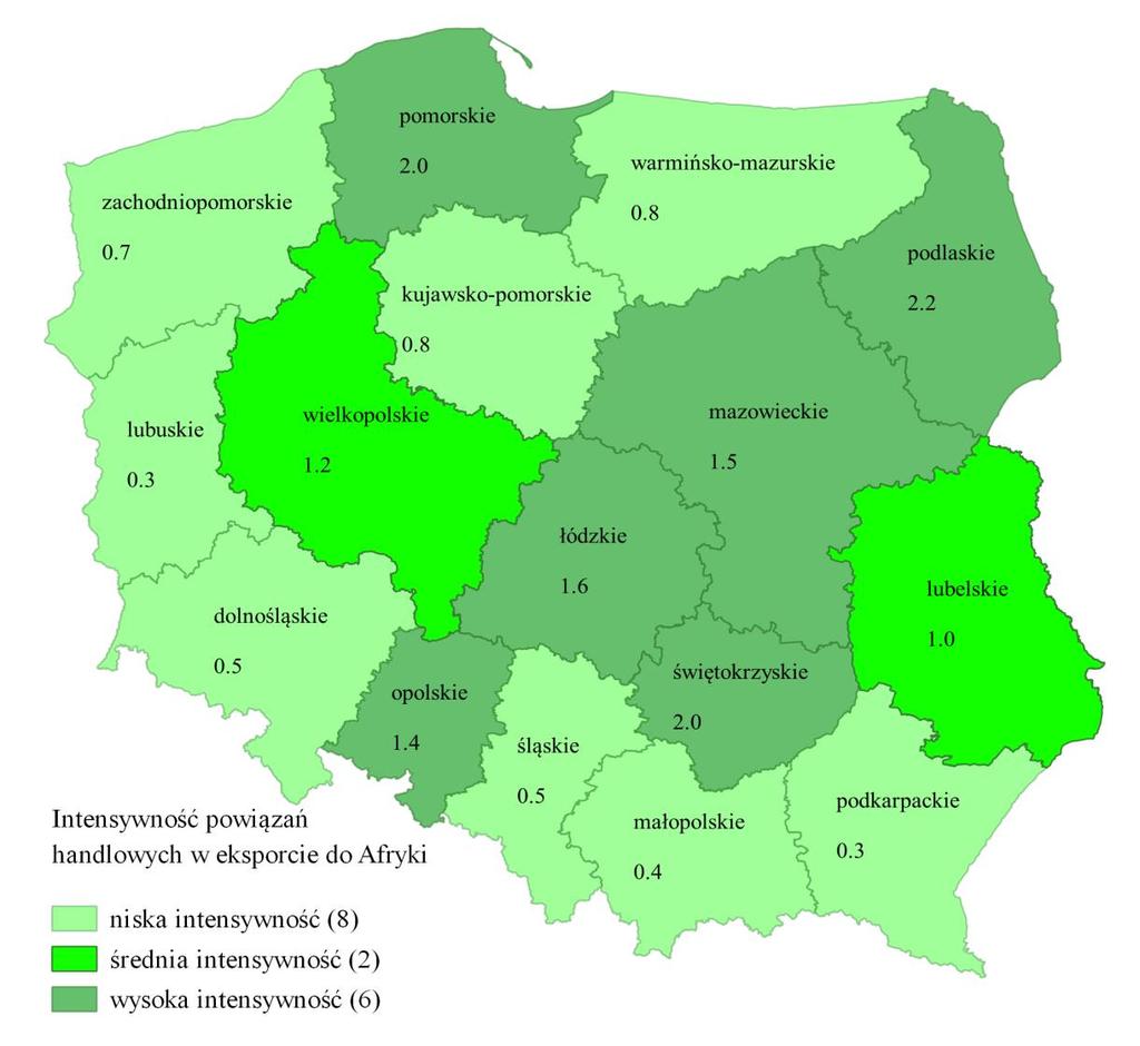 7.6. Afryka Wskaźnik intensywności w eksporcie do Afryki jest najbardziej niejednolity. Jego zakres waha się od 0.3 do aż 2.