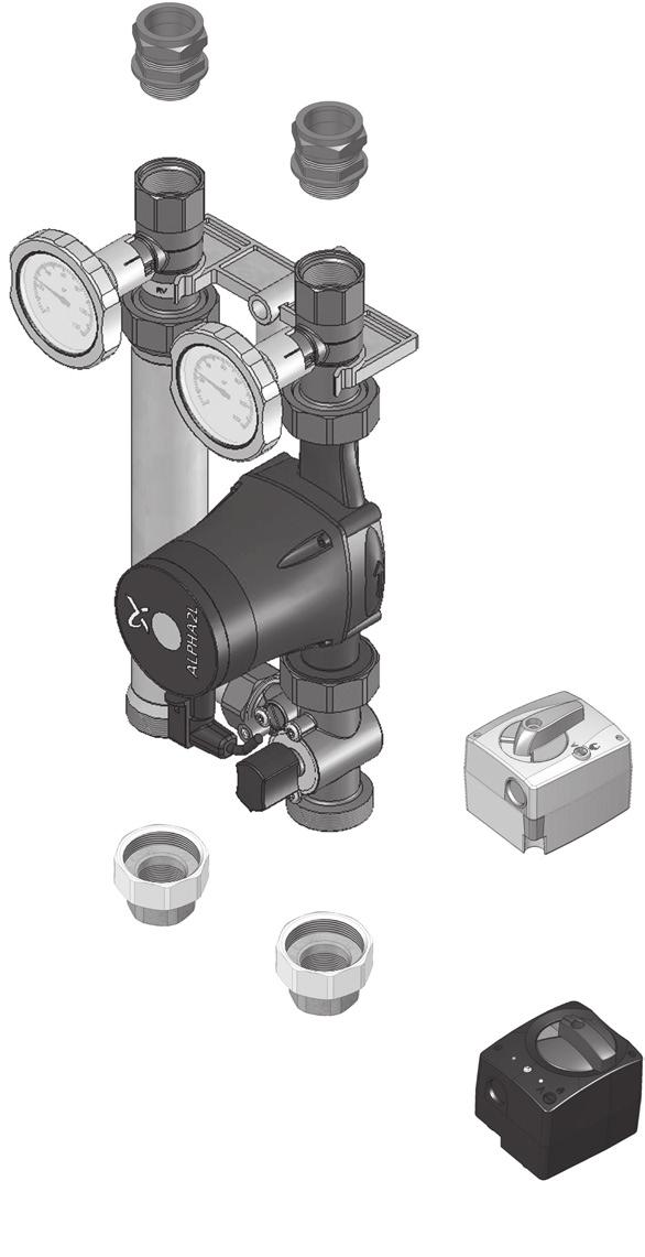 System zabudowy kotłowni do 70 kw Osprzęt dodatkowy Złączki zaciskowe 1 Śrubunki zaciskowe z samouszczelniającym gwintem zewnętrznym. 28 mm x 1" GZG 29611.14 8,7 35 mm x 1 ¼" GZG 29611.