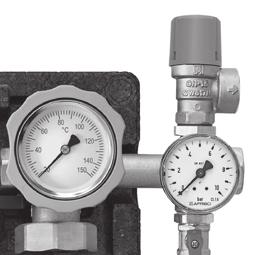 20-150 C); zespół bezpieczeństwa (TÜV) z zaworem bezpieczeństwa (6 bar), manometr (0-10 bar), zawór kulowy, napełniający i spustowy łącznie z końcówką na wąż i pokrywą, do