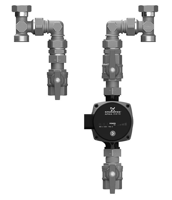 Grupa pompowa KOMBIMIX System składający się z rozdzielacza i kompaktowych grup pompowych. Grupy pompowe wyposażone w pompy (dł. 130 mm) o wysokiej efektywności energetycznej.