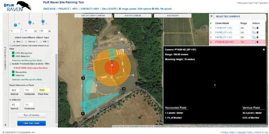 Wsparcie w projektowaniu FLIR Raven Site Planning Tool Narzędzie zostało opracowane przez profesjonalnych planistów bezpieczeństwa FLIR jako wsparcie do symulacji całej naszej serii produktów kamer