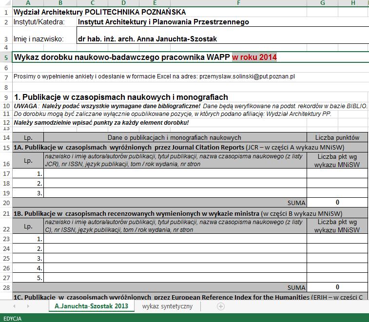 Zestawienie dorobku 2013 + 2014 do 15 stycznia 2015 arkusz Excela z 2013 aktualizacja na 2014 nadbitki publikacji do